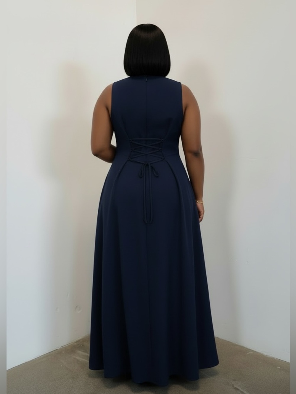 Navy V-Neck Maxi Dress with White Stripe Accents - Picture 3 of 3